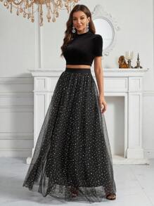 SHEIN Belle Velvet Crop Tee & Mesh Overlay Skirt - Black - View 1