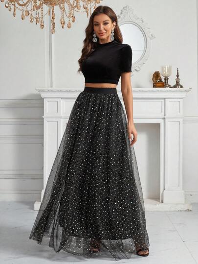 SHEIN Belle Velvet Crop Tee & Mesh Overlay Skirt