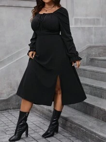 Calvaya Vestido de talla grande con trabilla cruzada delantera y abertura alta - Negro - Ver 3