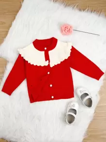 Cardigan Bayi Perempuan Ruffle Tombol Depan Blok Warna - Merah - View 1