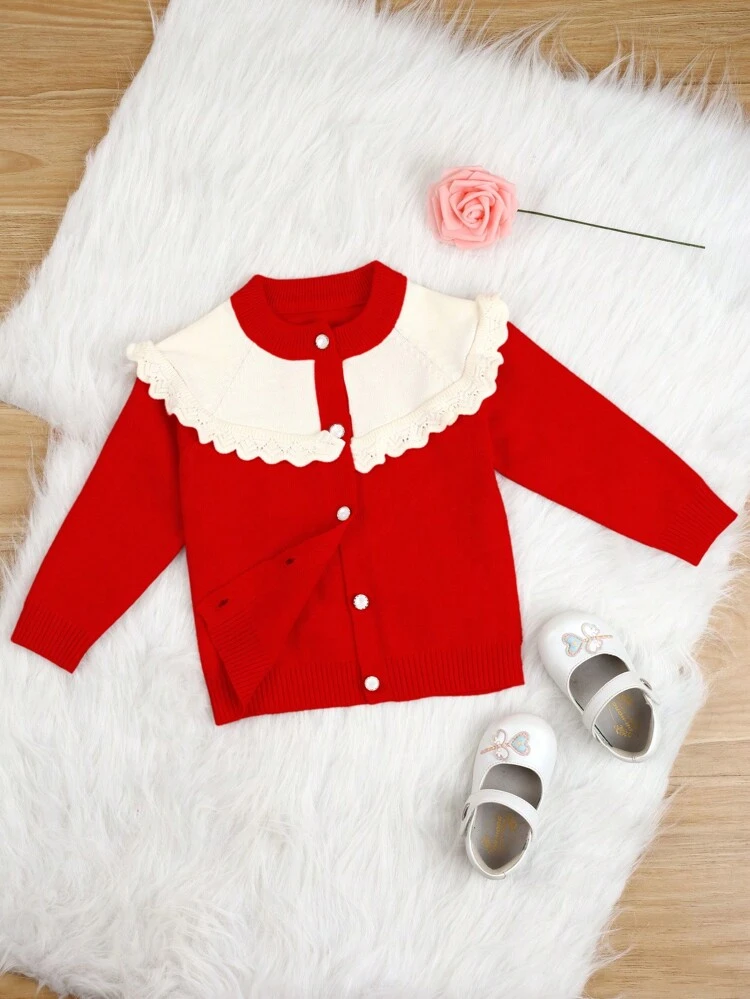 Baby Girls' Color Block Cardigan With Ruffle Detail And Raglan Sleeve