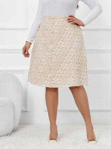 SHEIN Clasi 大尺碼女裝提花紐扣裙 - 杏色 - 查看 3