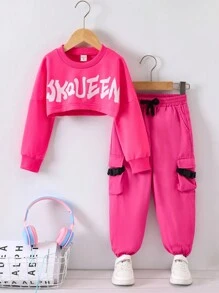 SHEIN 幼兒女孩街頭風格字母印花短上衣和休閒長褲 2 件套 - 玫紅色 - 查看 7