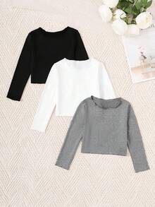 SHEIN 幼兒女童純色長袖t卹,適用於秋冬季 - 彩色 - 查看 3