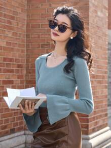 Dazy Star Solid Flounce Sleeve Sweater - Blue - View 1