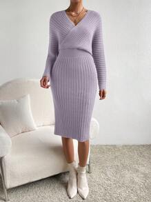 SHEIN Clasi 交叉領口蝙蝠袖毛衣連衣裙 - 紫色 - 查看 4
