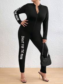 SHEIN Coolane 加大號標語圖形拉鍊連身跳傘服 - 黑色 - 查看 1