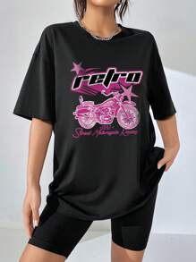 SHEIN EZwear Motorcycle & Letter Graphic Drop Shoulder Tee & Biker Shorts - Black - View 1