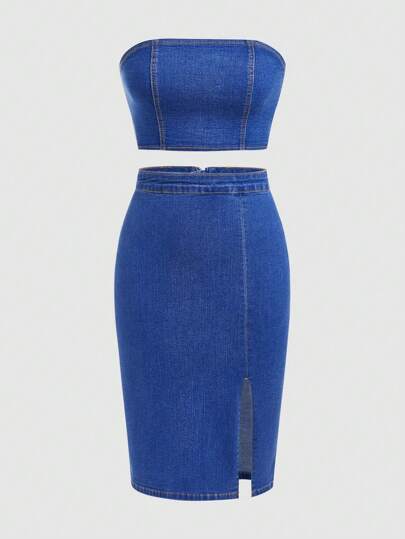 SHEIN EZwear Zip Back Tube Denim Top & Split Thigh Denim Skirt Set
