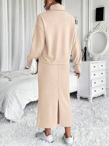 SHEIN Frenchy 女士高口袋落肩上衣和裙子套裝 - 杏色 - 查看 2