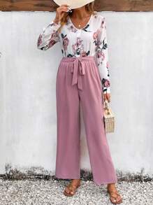 SHEIN VCAY Conjunto De Dos Piezas De Camisa Con Estampado Floral Y Pantalón Con Cinturón Para Mujer - Multicolor - Ver 2