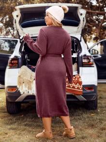 SHEIN LUNE Plus Size Solid Color Lantern Sleeve Sweater Dress With Belt Winter Fall Autumn - Burgundy - View 2
