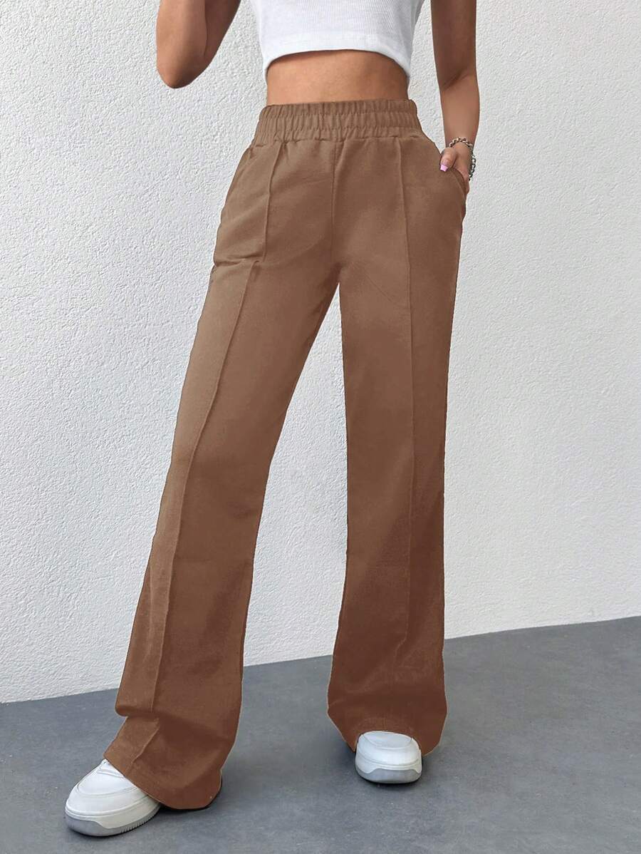 Cloudara Solid Color Elastic Waist Wide Leg Pants - Beige - View 1