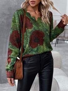 SHEIN Clasi 女士圆领印花针织毛衣，秋冬款 - 綠色 - 查看 1