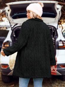 SHEIN LUNE Plus Size Cable Knit Cardigan - Black - View 2