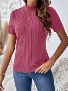 SHEIN Clasi Mock Neck Ribbed Knit Tee - Hot Pink - View 4