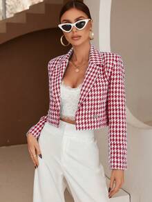 SHEIN BIZwear Houndstooth Print Double Button Crop Blazer - Red - View 5