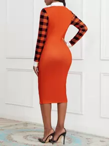 SHEIN Lady In kẻ sọc Buffalo Tay Raglan Tách đùi Đầm - Nhiều màu - Xem 2