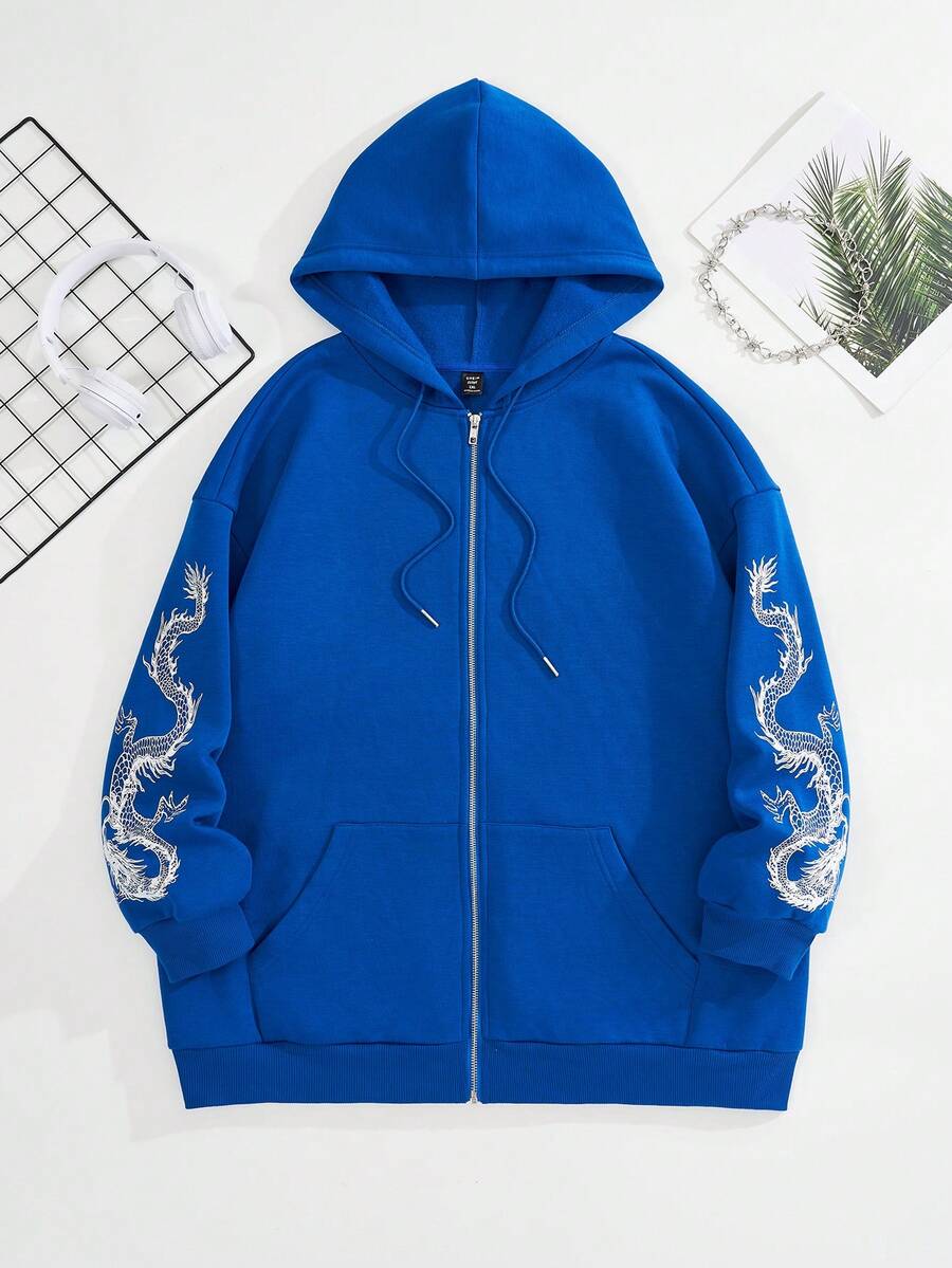 SHEIN EZwear Plus Size Chinese Dragon Print Zip Up Drop Shoulder Sweatshirt - Blue - View 1