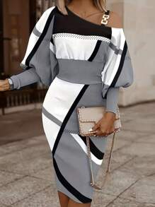 SHEIN Clasi Colorblock Asymmetrical Neck Lantern Sleeve Dress - Multicolor - View 1