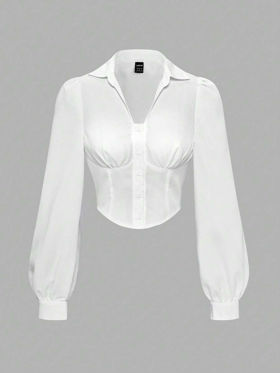 SHEIN Qutie Solid Button Front Shirt - White - View 1