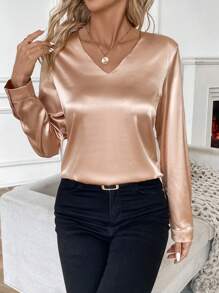 SHEIN Clasi 優雅聚會色鄉長袖直筒襯衫 - 摩卡棕 - 查看 6