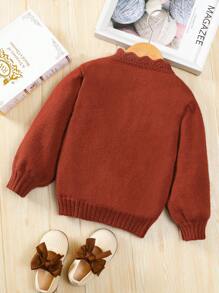 SHEIN Little Girl's Lantern Sleeve Embroidered Knitted Sweater Cardigan - Brown - View 2
