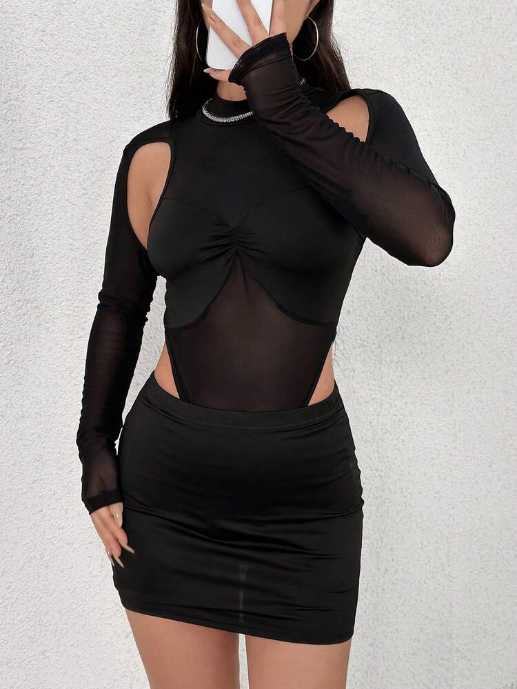 Women'S Mesh Splice Hollow Out Bodysuit And Skirt Two Pieces Set Fall Cloth For Women
