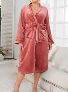 Plus Size Color Block Edging Belted Bathrobe - Coral Orange - View 5