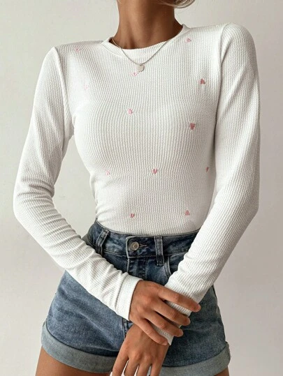 EURMUSE Plus Size Heart Embroidery Fitted Long Sleeve T-Shirt Cute Tops Ribbed Top Long Sleeve Tops Knit Tops Womens Tops