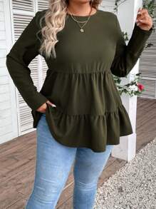 EMERY ROSE Plus Size Women's Solid Color Round Neck T-shirt With Lotus Leaf Hem - Army Green - View 3