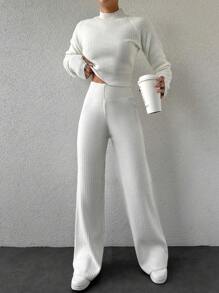 SHEIN Cottnline Women's Stand Collar Raglan Sleeve Sweater 2pcs Set - White - View 1