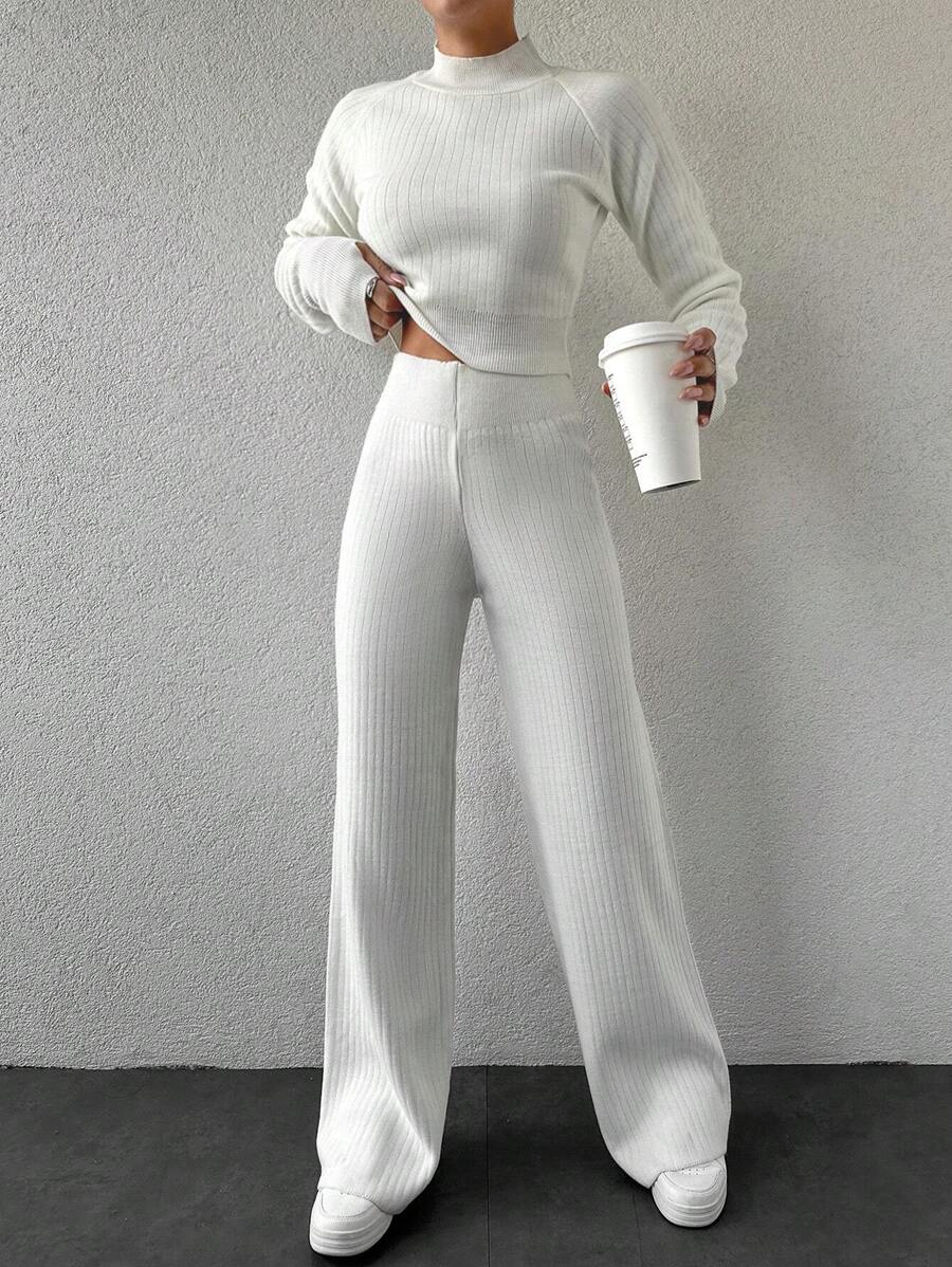 SHEIN Cottnline Women's Stand Collar Raglan Sleeve Sweater 2pcs Set - White - View 1