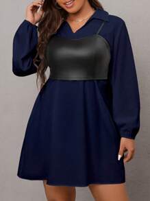 SHEIN LUNE Plus Size Solid Color Shirt Dress And Pu Camisole Top Two Pieces Set - Royal Blue - View 5