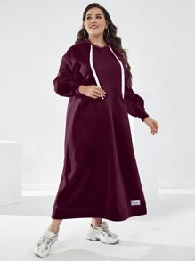 Mulvari Burgundy Red Women'S Plus Size Sweatshirt Dress With Letter Patch And Drawstring - Burgundy - View 5