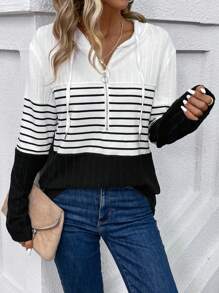 SHEIN LUNE In sọc Một nửa khóa kéo Dây rút áo có mũ Áo thun - Nhiều màu - Xem 1