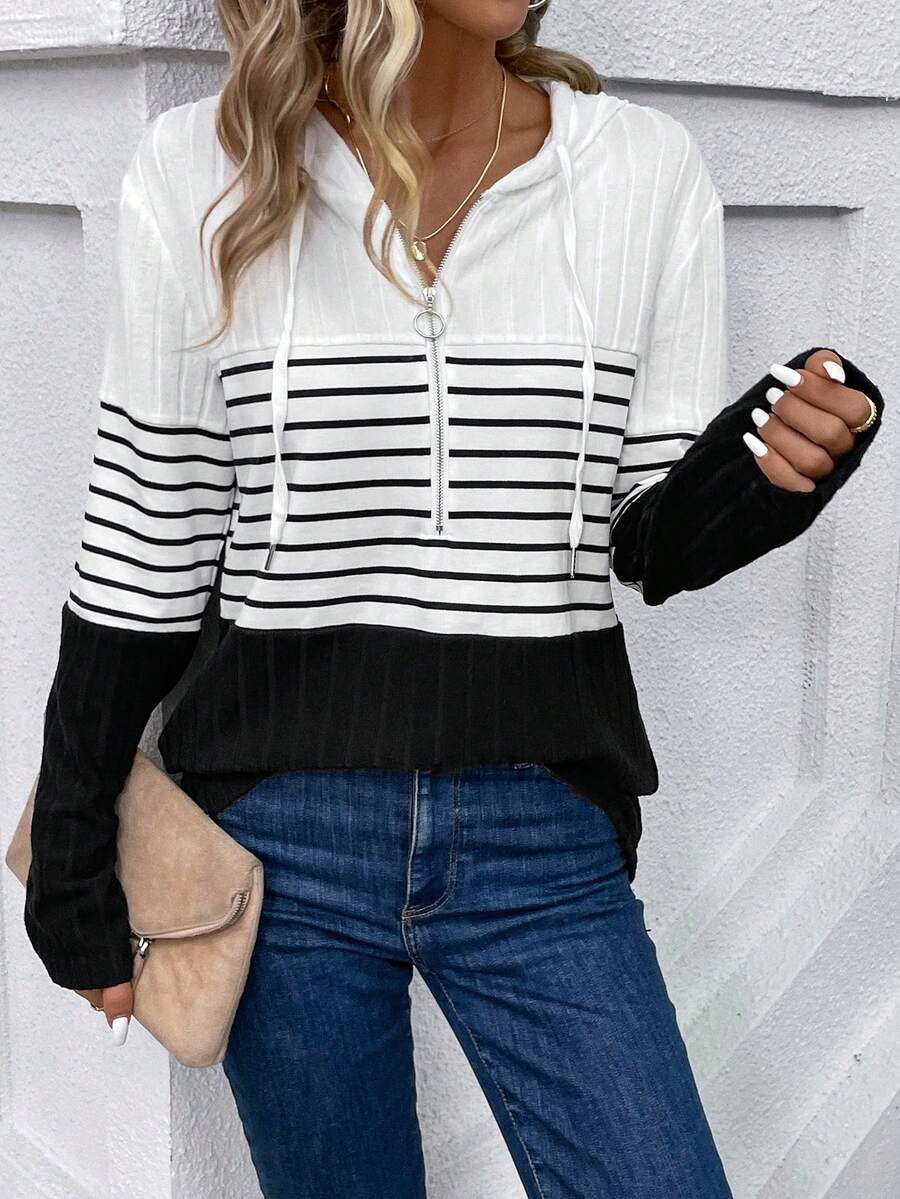 SHEIN LUNE In sọc Một nửa khóa kéo Dây rút áo có mũ Áo thun - Nhiều màu - Xem 1