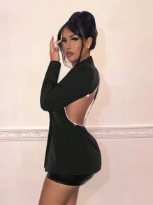 SHEIN SXY Năm mới Của phụ nữ Xu hướng: Cắt giảm Hình chữ M Trở lại Thiết kế Bộ đồ Áo khoác - màu đen - Xem 3