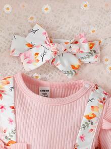 女婴花卉印花圆领盖袖连衣裙，配有二合一设计和头带，2 件/包 - 粉色 - 查看 5