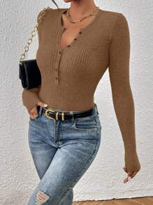 SHEIN Essnce 女款純色長袖毛衣 - 棕色 - 查看 6