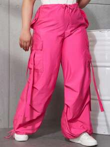 Plus Size Women Elastic Waist Drawstring Pockets Loose Wide Leg Cargo Pants - Hot Pink - View 3