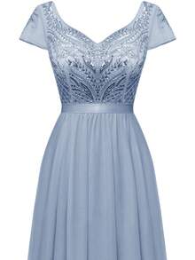 V-neck luxurious beaded light dress - Dusty Blue - View 4