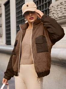 EURMUSE Ladies' Fleece Patchwork Padded Coat - Brown - View 4