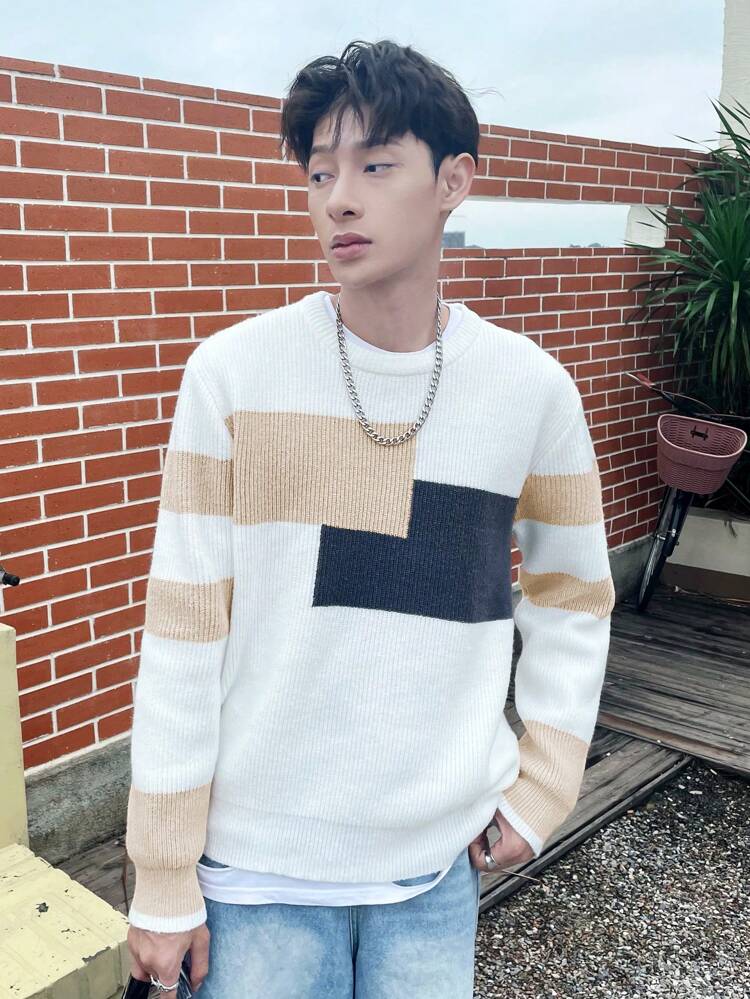 Men's Contrast Color Round Neck Drop Shoulder Casual Sweater
