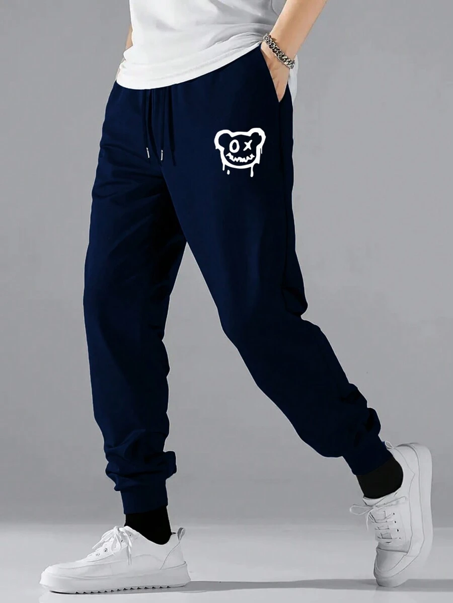 Men's Cartoon Print Drawstring Sweatpants - Royal Blue - View 1