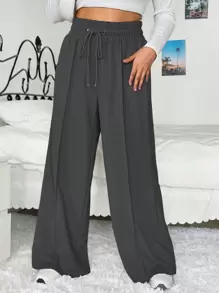 SHEIN EZwear 大尺寸女性休閒運動長褲,束腰寬腿款式 - 深灰色 - 查看 3