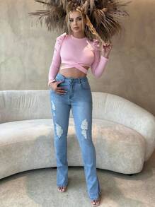 SHEIN SXY Women's Distressed Skinny Jeans With High Slit On Hem - Light Wash - View 4