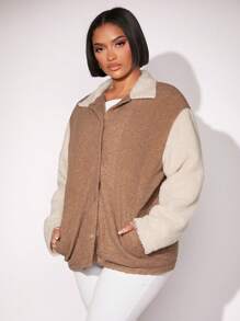 SHEIN SXY Women'S Color Blocking Fleece Jacket - Khaki - View 5