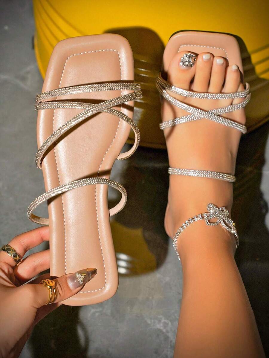 Glamorous Summer Party Slide Sandals for Women, Rhinestone Decor Cross Strap Artificial Leather Open Toe Flat Sandals - Khaki - View 1