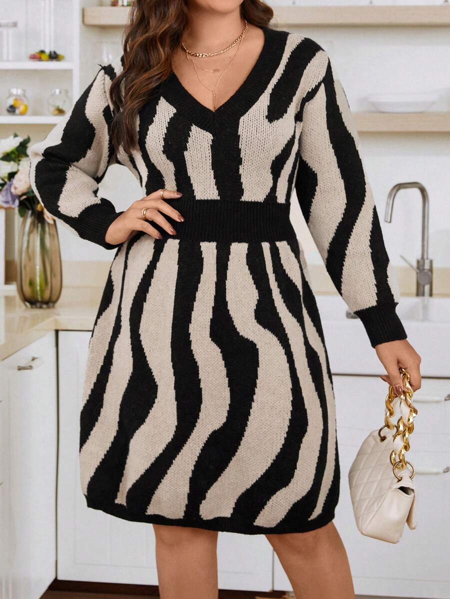 Calvaya Plus Wave Pattern Sweater Dress - Black - View 1